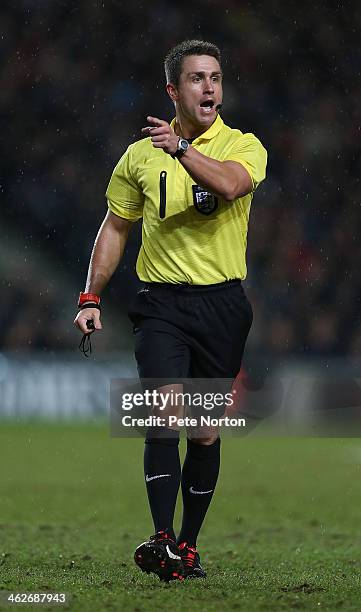 Referee James Adcock in action during the FA Cup with Budweiser Third Round Replay between Milton Keynes Dons and Wigan Athletic at Stadium mk on...