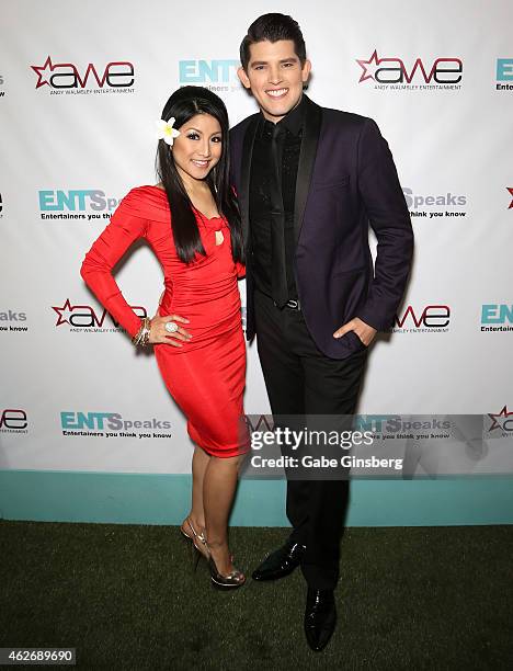 Singer Jasmine Trias and magician and singer/songwriter Ben Stone arrive at ENTSpeaks at the Inspire Theatre on February 2, 2015 in Las Vegas, Nevada.
