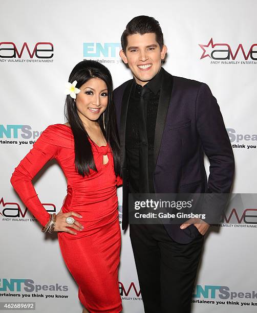 Singer Jasmine Trias and magician and singer/songwriter Ben Stone arrive at ENTSpeaks at the Inspire Theatre on February 2, 2015 in Las Vegas, Nevada.