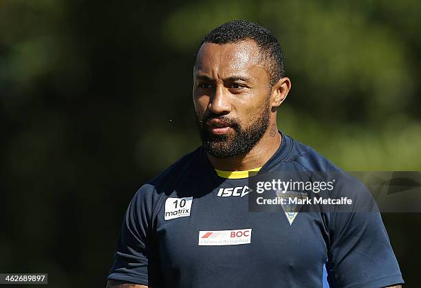 Roy Asotasi of the Warrington Wolves looks on during a Sydney Swans AFL pre-season training session at Lakeside Oval on January 15, 2014 in Sydney,...