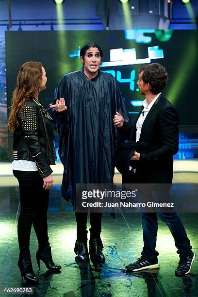 Natalia Verbeke, Mario Vaquerizo and Pablo Motos attend 'El Hormiguero' Tv show at Vertice Studio on January 14, 2014 in Madrid, Spain.