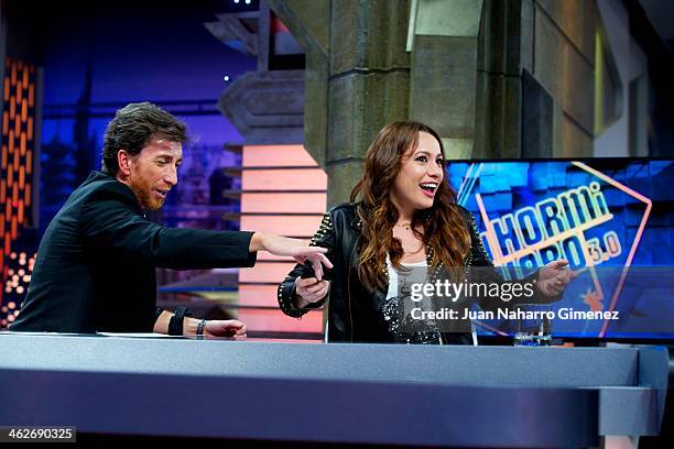 Pablo Motos and Natalia Verbeke attend 'El Hormiguero' Tv show at Vertice Studio on January 14, 2014 in Madrid, Spain.