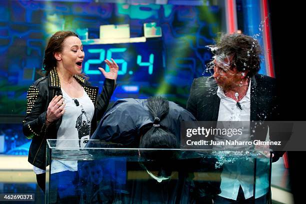 Natalia Verbeke, Mario Vaquerizo and Pablo Motos attend 'El Hormiguero' Tv show at Vertice Studio on January 14, 2014 in Madrid, Spain.