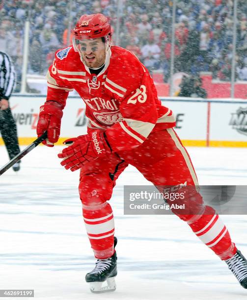 Brian Lashoff of the Detroit Red Wings skates up the ice during NHL game action against the Toronto Maple Leafs during the 2014 Bridgestone NHL...
