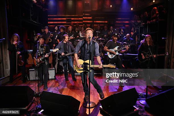 Episode 951 -- Pictured: Soozie Tyrell, Nils Lofgren, Garry Tallent, Bruce Springsteen, Tom Morello, Patti Scialfa of musical guest Bruce Springsteen...