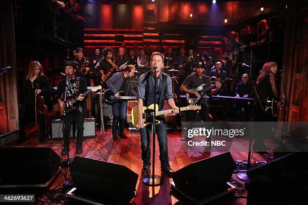 Episode 951 -- Pictured: Soozie Tyrell, Nils Lofgren, Garry Tallent, Bruce Springsteen, Tom Morello, Patti Scialfa of musical guest Bruce Springsteen...