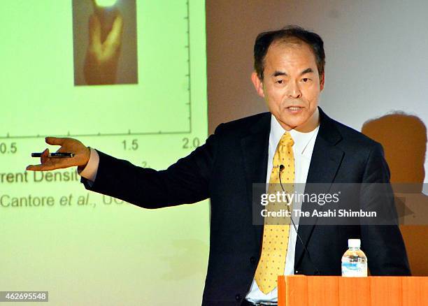 Nobel Prize laureate in Physics Shuji Nakamura addresses at the Ehime Prefectural Science Musem on February 2, 2015 in Niihama, Ehime, Japan.