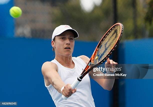 Katarina Srebotnik of Slovenia plays a backhand in her first round doubles match with Kveta Peschke of the Czech Republic against Alexandra Cadantu...