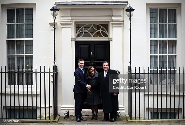 New Jersey Governor Chris Christie and his wife Mary Pat Christie are greeted by Britain's Chancellor Of The Exchequer George Osborne in Downing...