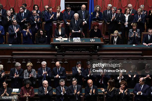 Newly elected President of Republic Sergio Mattarella delivers his first speech to the Italian parliament at Palazzo Montecitorio on February 3, 2015...
