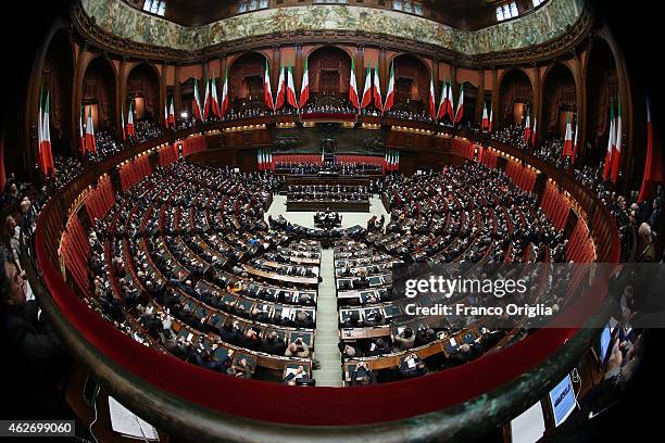 General view of the Chamber of Deputies as newly elected President of Republic Sergio Mattarella delivers his first speech to the Italian parliament...