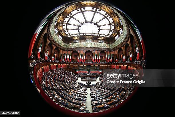 General view of the Chamber of Deputies as newly elected President of Republic Sergio Mattarella delivers his first speech to the Italian parliament...