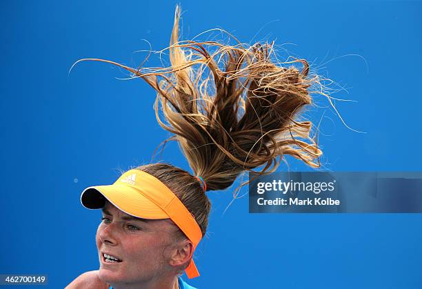Daniela Hantuchova of Slovakia serves in her women's second round singles match against Karolina Pliskova of the Czech Republic during day three of...