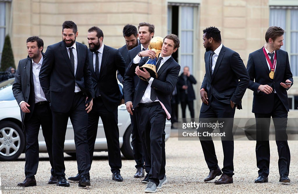 French President Francois Hollande Receives French Handball National Team After They Won The 24th Men's Handball World Championships