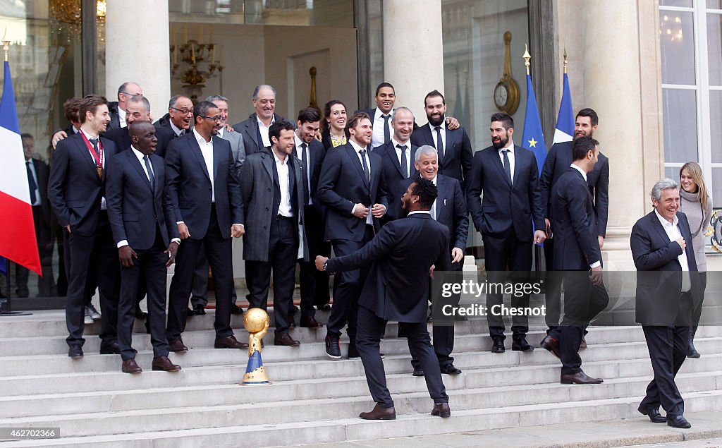 French President Francois Hollande Receives French Handball National Team After They Won The 24th Men's Handball World Championships