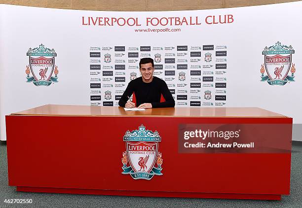 Philippe Coutinho signs a new contract to stay at Liverpool, at Melwood Training Ground on February 3, 2015 in Liverpool, England.