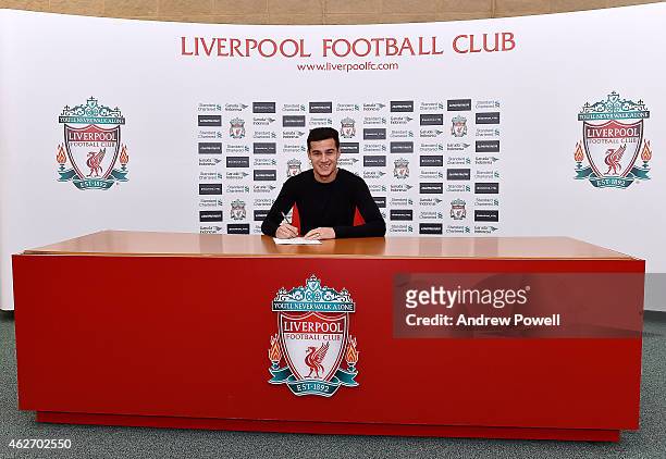Philippe Coutinho signs a new contract to stay at Liverpool, at Melwood Training Ground on February 3, 2015 in Liverpool, England.