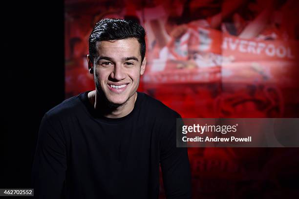 Philippe Coutinho signs a new contract to stay at Liverpool, at Melwood Training Ground on February 3, 2015 in Liverpool, England.