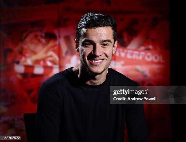 Philippe Coutinho signs a new contract to stay at Liverpool, at Melwood Training Ground on February 3, 2015 in Liverpool, England.