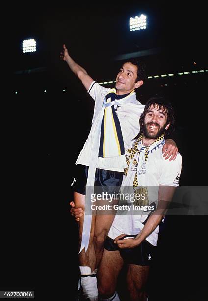 Spurs two goal hero Ricardo Villa gives team mate and fellow Argentinian Osvaldo Ardiles a lift after the 1981 FA Cup Final replay between Tottenham...