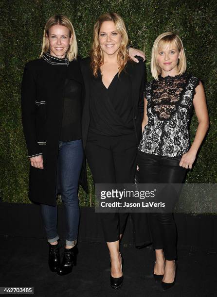 Chelsea Handler, Mary McCormack and Reese Witherspoon attend the release of "Find It In Everything" at Chanel Boutique on January 14, 2014 in Beverly...