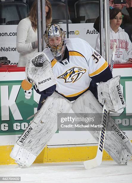 Goaltender Marek Mazanec of the Nashville Predators warms up prior to the game against the Colorado Avalanche at the Pepsi Center on January 30, 2015...