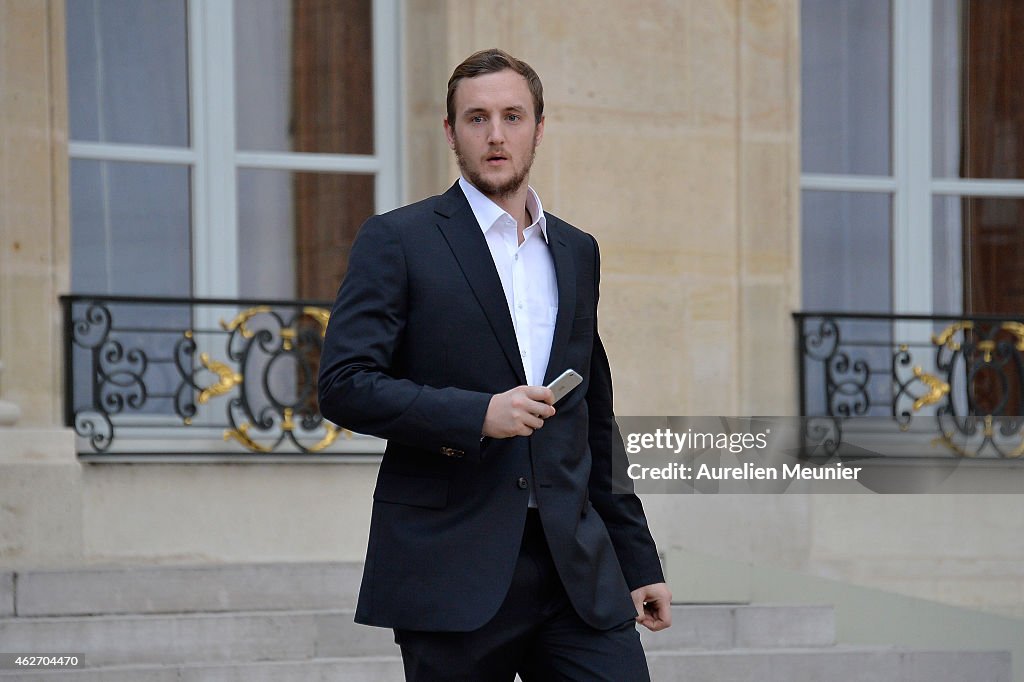 French President Francois Hollande Receives French Handball National Team After They Won The 24th Men's Handball World Championships