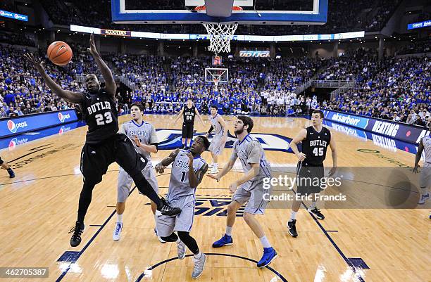 Khyle Marshall of the Butler Bulldogs grabs a rebound during a game against the Creighton Bluejays at the CenturyLink Center on January 14, 2014 in...