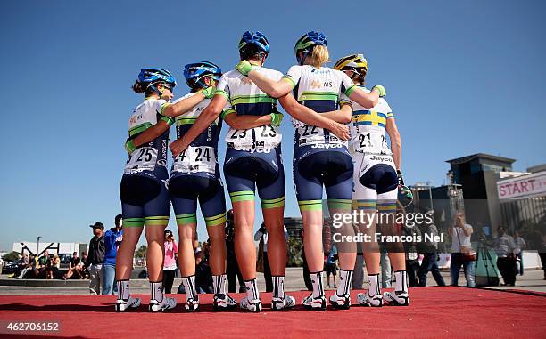 Riders of Orica-Ais, Emma Johansson of Sweden, Gracie Elvin of Australia, Loes Gunnewijk of the Netherlands, Valentina Scandolara of Italy, Amanda...