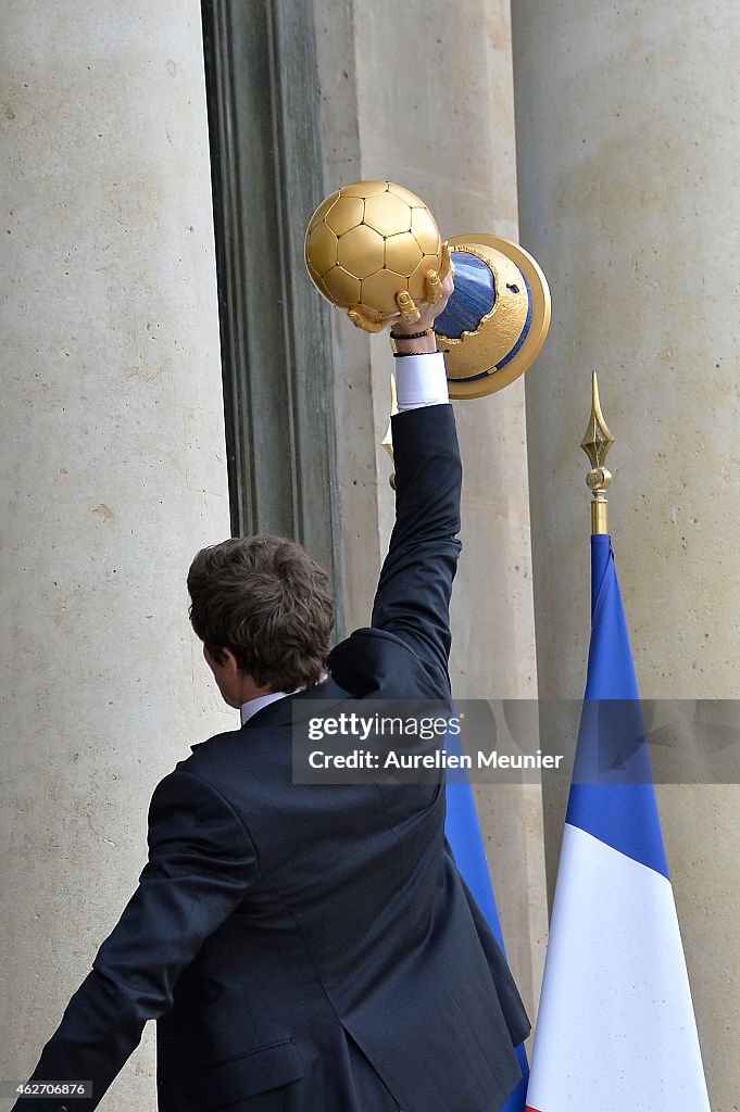 French President Francois Hollande Receives French Handball National Team After They Won The 24th Men's Handball World Championships