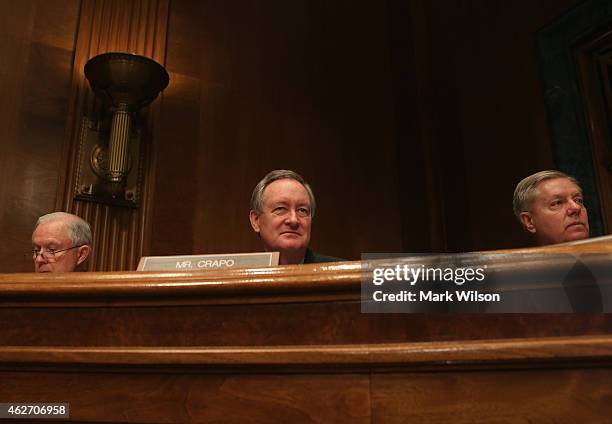 Sen. Jeff Sessions , Sen. Mike Crapo , Sen. Lindsey Graham participate in a Senate Budget Committee hearing on Capitol Hill, February 3, 2015 in...