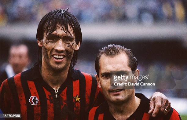 Milan players Mark Hateley and Ray Wilkins pictured after a Serie A match between Napoli and AC Milan at the San Paolo Stadium in 1984 in Naples,...