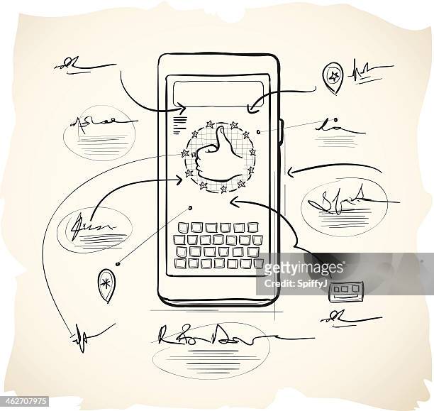 illustrazioni stock, clip art, cartoni animati e icone di tendenza di smartphone progettazione delle applicazioni - spremersi le meningi