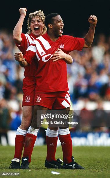 Liverpool players John Barnes and Barry Venison celebrate a late equaliser during the 1992 FA Cup semi final between Liverpool and Portsmouth at...