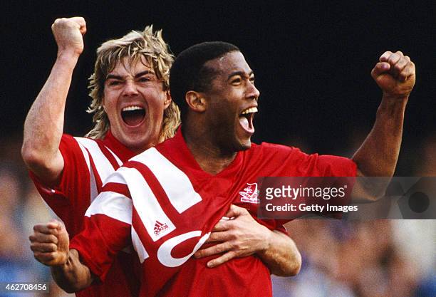 Liverpool players John Barnes and Barry Venison celebrate a late equaliser during the 1992 FA Cup semi final between Liverpool and Portsmouth at...