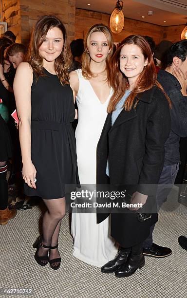 Amber Atherton, Greta Bellamacina and Bonnie Wright attend the launch of "A Collection Of Contemporary British Love Poetry" at Fortnum & Mason on...