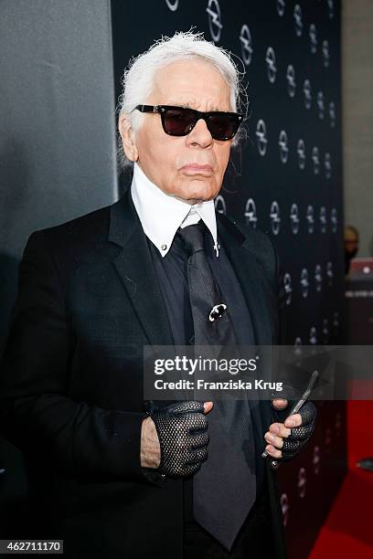 Karl Lagerfeld attends the 'Corsa Karl Und Choupette' Vernissage on February 03, 2015 in Berlin, Germany.