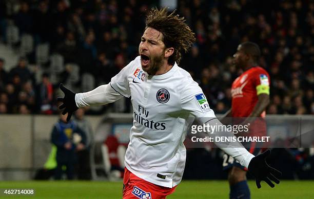 Paris Saint-Germain's Brazilian defender Maxwell celebrates after scoring a goal during the French League Cup football match Lille vs PSG on February...