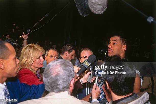 Jayson Williams of the New Jersey Nets talks to the media during NBA All-Star Practice on February 7, 1998 at Madison Square Garden in New York City....