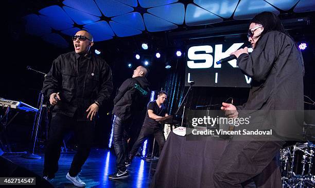 Prohgress, Kev Nish and J-Splif of Far East Movement perform during SKEE Live at The Conga Room at L.A. Live on January 14, 2014 in Los Angeles,...