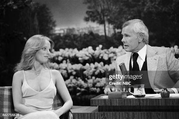 Pictured: Model Claudia Jennings during an interview with host Johnny Carson on March 29, 1978 --