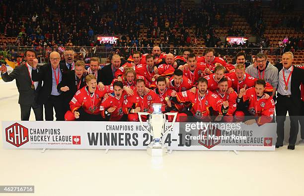 Lulea Hockey players celebrate victory with the trophy after the Champions Hockey League Final match between Lulea Hockey and Frolunda Gothenburg at...