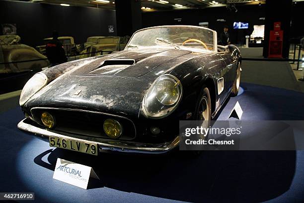 Ferrari 250 GT California SWB spyder is displayed for auction during the Retromobile show on February 03 in Paris, France. This car had belonged to...