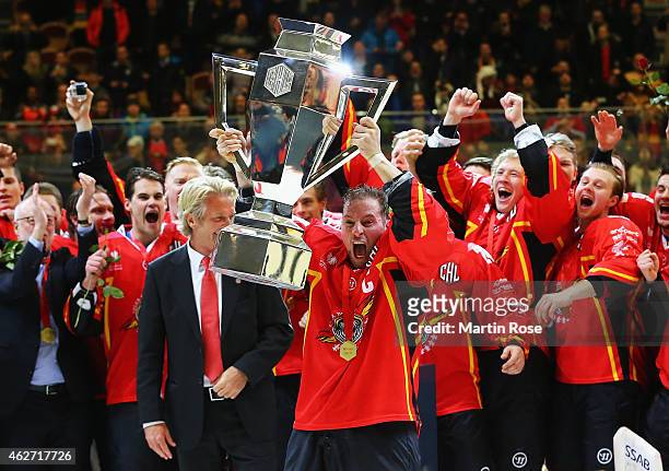 Chris Abbott of Lulea Hockey celebrates with the trophy after the Champions Hockey League Final match between Lulea Hockey and Frolunda Gothenburg at...