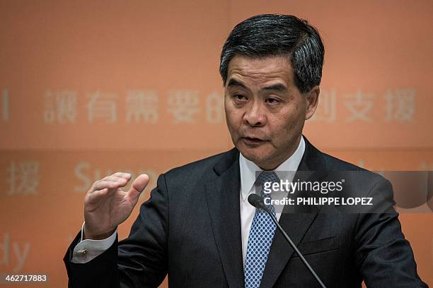 Chief Executive Leung Chun-ying gestures during a press conference after his 2014 policy address in Hong Kong on January 15, 2014. Hong Kong's leader...