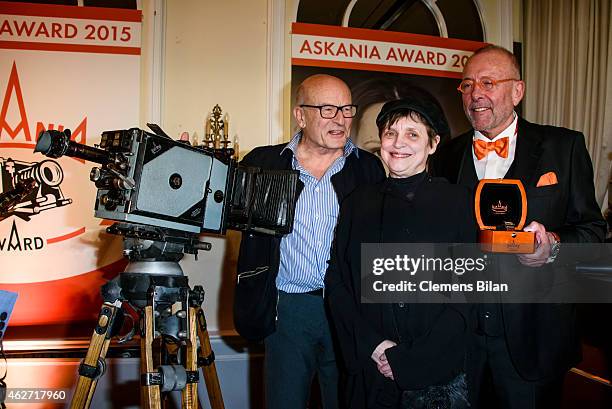 Volker Schloendorff, Katharina Thalbach and Leonhard R. Mueller attend the ceremony of the Askania Award 2015 at Kempinski Hotel Bristol on February...