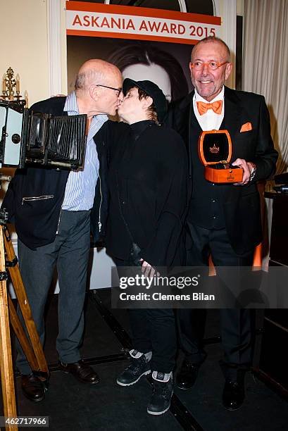 Volker Schloendorff, Katharina Thalbach and Leonhard R. Mueller attend the ceremony of the Askania Award 2015 at Kempinski Hotel Bristol on February...