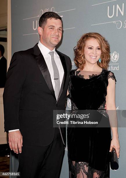 Dave Bugliari and Alyssa Milano attend the 2014 UNICEF ball presented by Baccarat at Regent Beverly Wilshire Hotel on January 14, 2014 in Beverly...