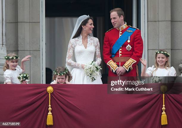 Catherine, Duchess of Cambridge and Prince William, Duke of Cambridge on the balcony at Buckingham Palace with Bridesmaids Margarita Armstrong-Jones...