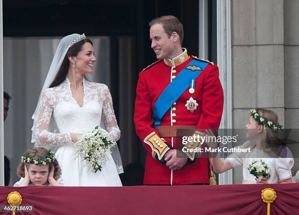 Catherine, Duchess of Cambridge and Prince William, Duke of Cambridge on the balcony at Buckingham Palace with Bridesmaids Margarita Armstrong-Jones...